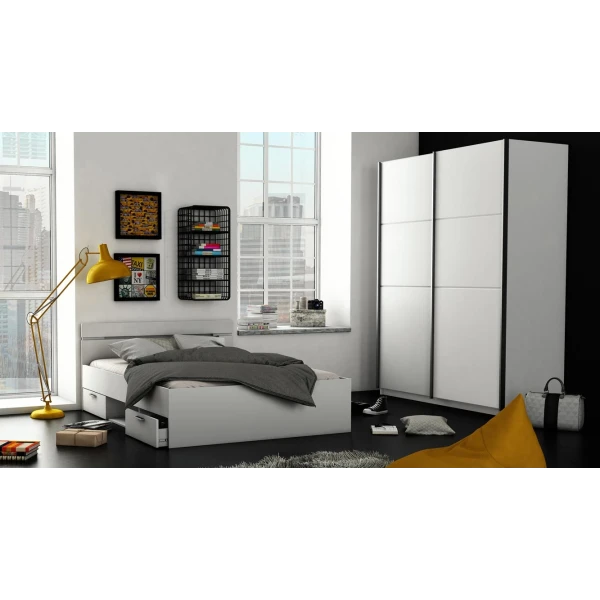 Doppelbett mit Kopfteil, unteren Schubladen und Regal. 140 x 190 cm. Modernes und funktionales Bett.