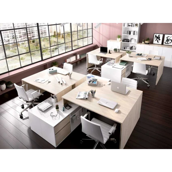 L-förmiger Schreibtisch mit Schubladen und Regalen