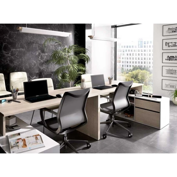 L-förmiger Schreibtisch mit Schubladen und Regalen