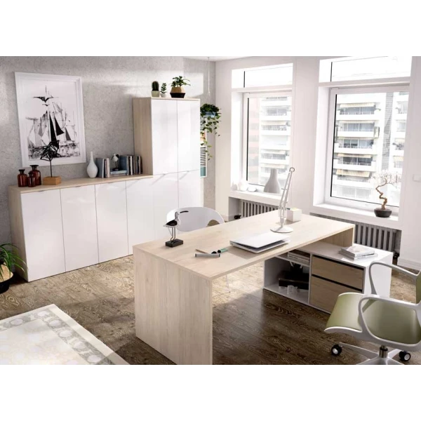 L-förmiger Schreibtisch mit Schubladen und Regalen