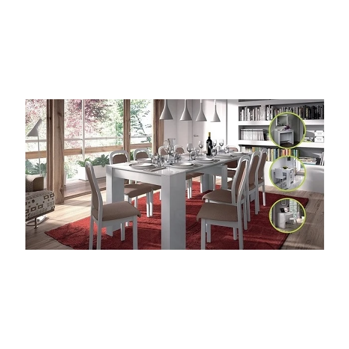 Anpassbarer Tisch mit 5 Positionen. Bis zu 10 Gäste. Ausziehbarer Tisch für Gäste. Praktisch und funktional.