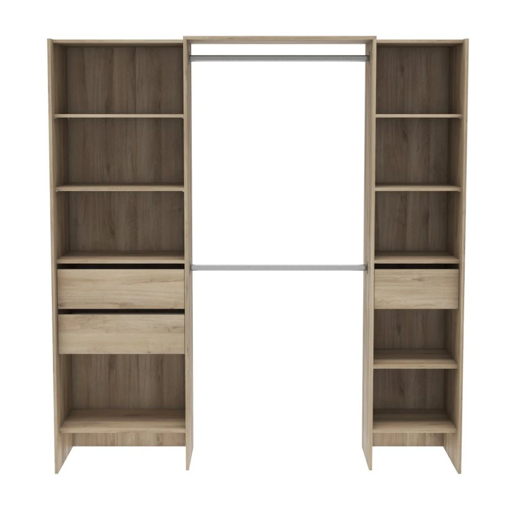 Offener Ankleideraum von 192 x 50 cm mit 2 Stangen, 3 Schubladen und 9 Regalen. Große Lagerkapazität