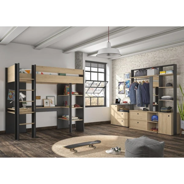 CAMA ALTA CON ESCRITORIO Y ESTANTES EINA