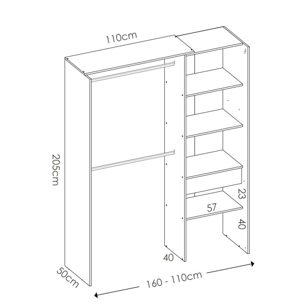Offener Kleiderschrank mit Schublade und modernem Vorhang. 2 Kleiderstangen. 4 Regale. Offener Schrank mit Vorhang.