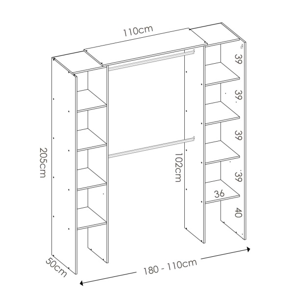 Offene Garderobe mit 2 Säulen und Vorhang. 2 Kleiderstangen. 10 Regale. Verstellbare Maße.