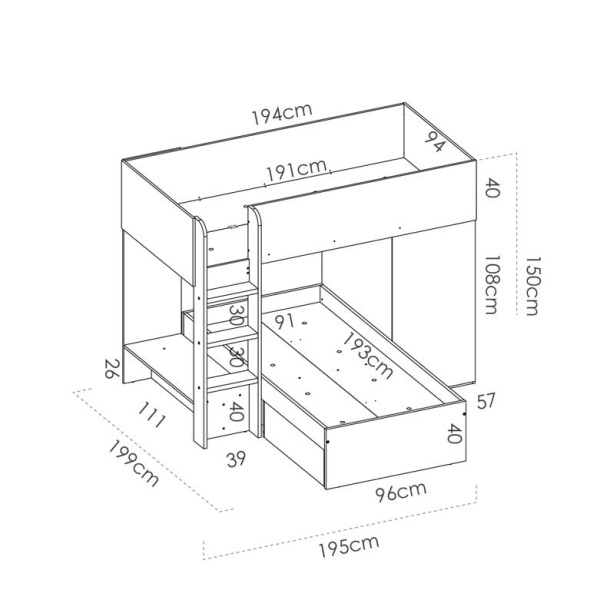 etagenbett Zug mit schubladen und kleiderschrank