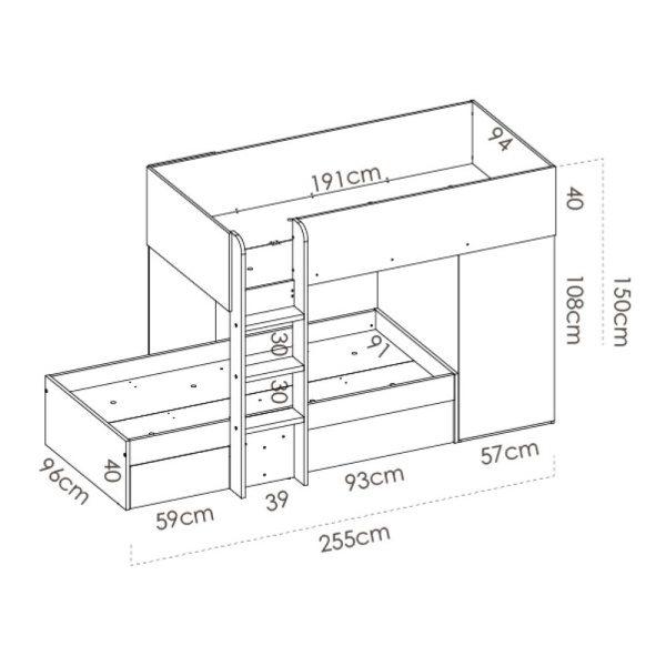 etagenbett Zug mit schubladen und kleiderschrank