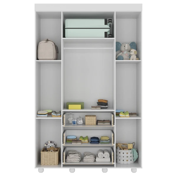 Kinderkleiderschrank BUBBLES weiß mit 4 Türen und 3 Schubladen, modernes Design und viel Stauraum