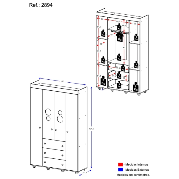 Kinderkleiderschrank BUBBLES weiß mit detaillierten Maßen, funktionales und kompaktes Design