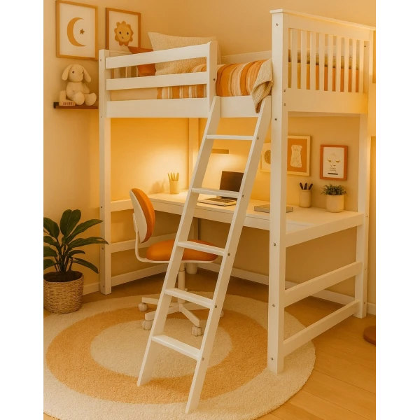 Weiße Hochbett mit Schreibtisch in dekoriertem Kinderzimmer – Modell Sophia Vicawu