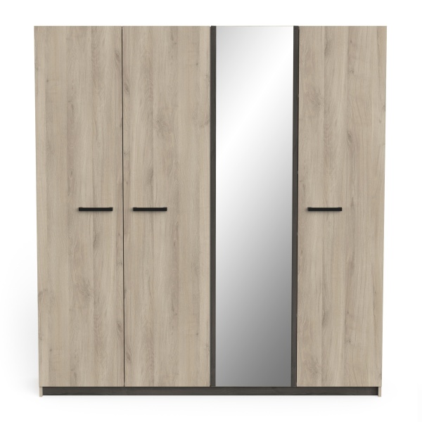 Schlafzimmerschrank Eiche 4-türig mit Mittelspiegel, modernes Design