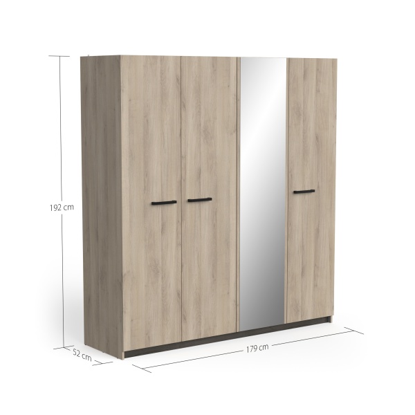 Maße Kleiderschrank Eiche 4-türig: 179 cm Breite x 192 cm Höhe x 52 cm Tiefe