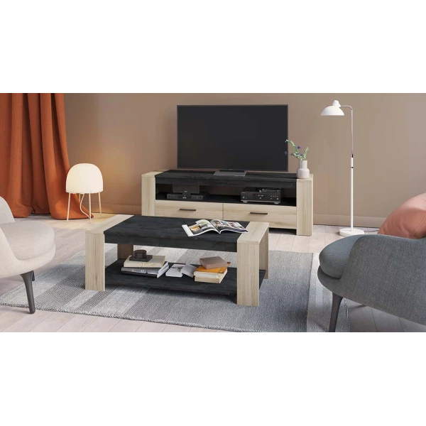 Sheffield Wohnzimmer-Set: TV-Board und passender Couchtisch, Eiche und Grau Finish