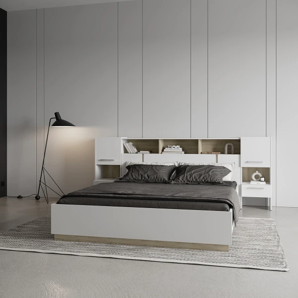 Inneneinrichtung mit Bett im minimalistischen Design Nord, neutrale Töne und Holz