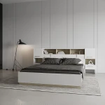 Inneneinrichtung mit Bett im minimalistischen Design Nord, neutrale Töne und Holz
