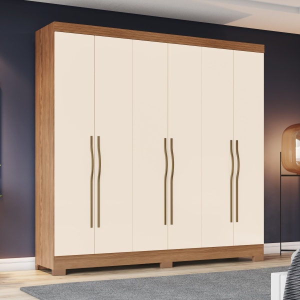 Wilsor 6-türiger Bicolor Kleiderschrank im modernen Schlafzimmer, Eiche-Beige-Finish