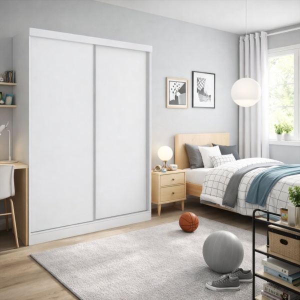 Kleiderschrank Soyo mit reversiblen Schiebetüren in Weiß, modernes Schlafzimmer im minimalistischen Stil