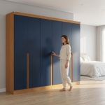 Kleiderschrank Esky mit 6 Türen und Schubladen in Blau und Eiche, modernes Schlafzimmerdesign