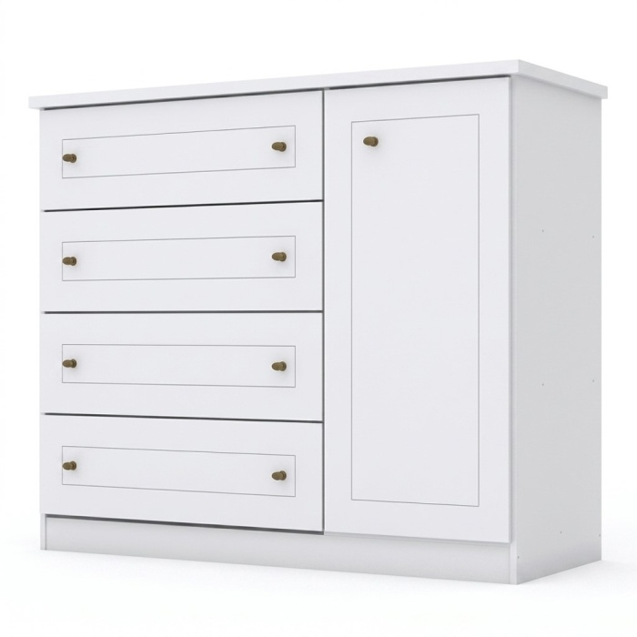 Tilium Vicawu 4 drawer chest with side door, white finish, elegant and functional design