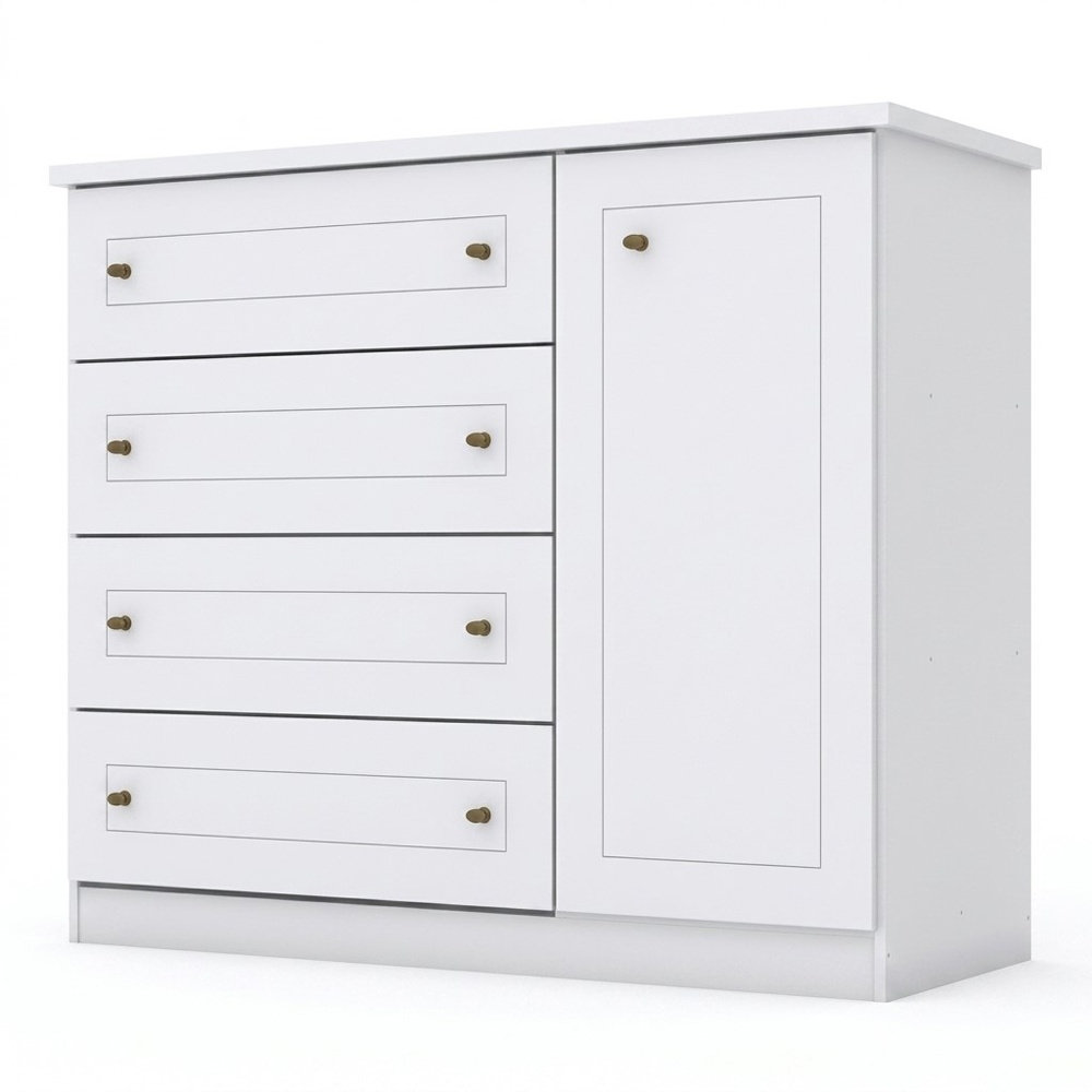 Tilium Vicawu 4 drawer chest with side door, white finish, elegant and functional design