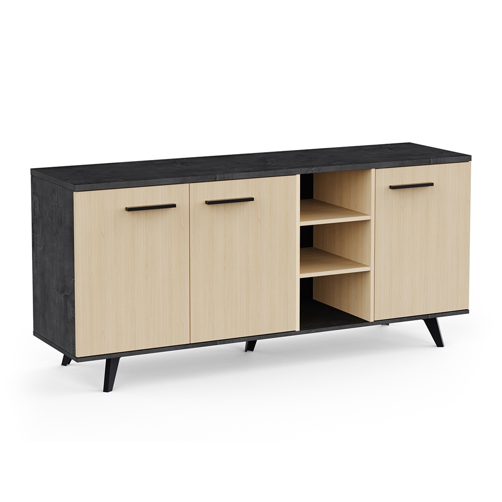 Sideboard Keny Vicawu 3 Türen in hellem Holz und Graphitgrau mit Regalen und modernen Metallbeinen