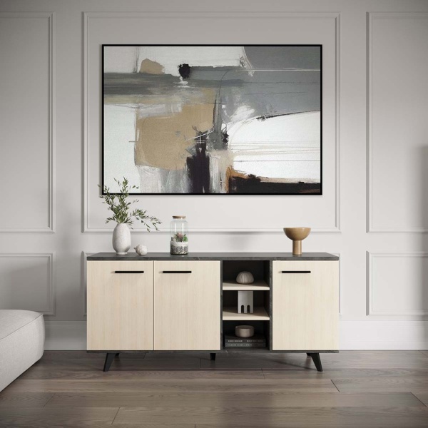 Sideboard Keny Vicawu 3 Türen im modernen Wohnzimmer, Möbel in hellem Holz und Graphitgrau