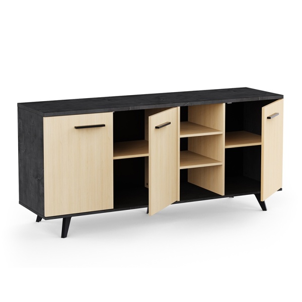 Sideboard Keny Vicawu 3 Türen mit viel Stauraum und Regalen, Oberfläche in hellem Holz und Graphitgrau