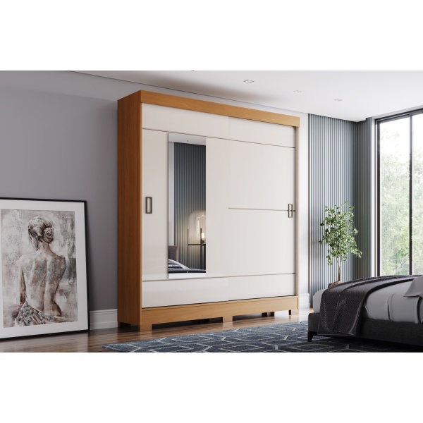 Kleiderschrank mit Schubladen Bayron in natürlicher Zimt-Eiche und Beige, modernes Schiebetürdesign