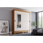 Kleiderschrank mit Schubladen Bayron in natürlicher Zimt-Eiche und Beige, modernes Schiebetürdesign