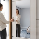 Kleiderschrank mit Schubladen Bayron mit Spiegel und Schiebetüren in Zimt-Eiche und Beige