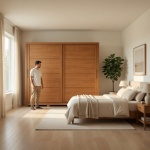 Genius Kleiderschrank im modernen Schlafzimmer in Zimt-Eiche mit Schiebetüren