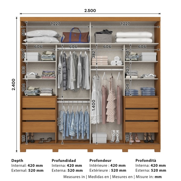 Maße Rufus Kleiderschrank 250x240 cm mit Innenaufteilung und Tiefenangaben