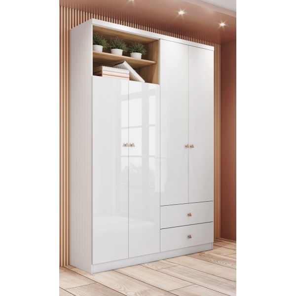 Moderner Gamil Vicawu Kleiderschrank in Weiß mit Holzdetails für stilvolle Schlafzimmer